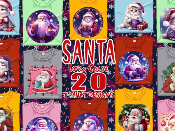 Colourful santa claus cocoa party t-shirt design bundle of 20 designs – download instantly retro vintage t-shirt illustration clipart bundle