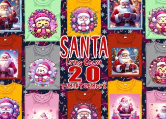 Colourful Santa Claus Cocoa Party t-shirt design bundle of 20 designs – download instantly Retro Vintage T-shirt Illustration Clipart Bundle