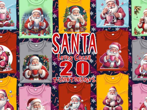 Colourful santa claus cocoa party t-shirt design bundle of 20 designs – download instantly retro vintage t-shirt illustration