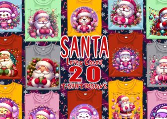 Colourful Santa Claus Cocoa Party t-shirt design bundle of 20 designs – download instantly Retro Vintage T-shirt Illustration Clipart Bundle