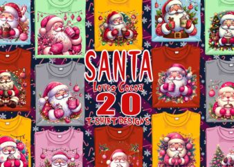 Colourful Santa Claus Cocoa Party t-shirt design bundle of 20 designs – download instantly Retro Vintage T-shirt Illustration Clipart Bundle