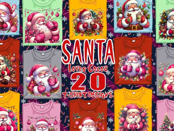 Colourful santa claus cocoa party t-shirt design bundle of 20 designs – download instantly retro vintage t-shirt illustration clipart bundle