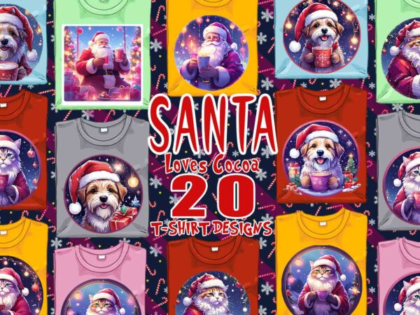 Colourful santa claus cocoa party t-shirt design bundle of 20 designs – download instantly retro vintage t-shirt