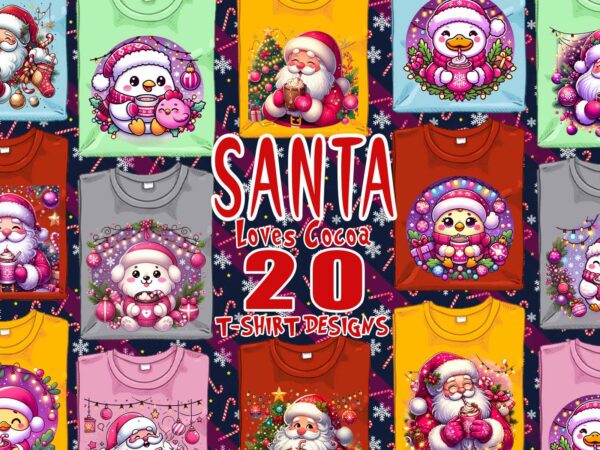 Santa claus drinking cocoa t-shirt design bundle of 20 png & jpeg designs – download instantly retro vintage t-shirt design bundle