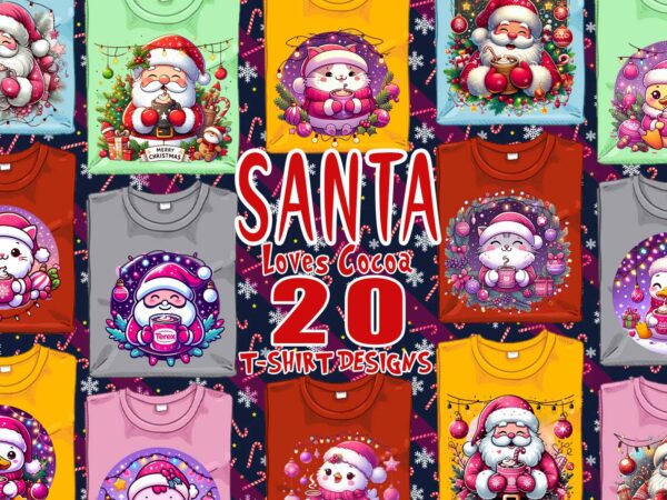 Colourful santa claus cocoa party t-shirt design bundle of 20 designs – download instantly retro vintage t-shirt design bundle