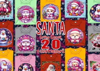 Kawaii Animal Santa Claus Drinking Cocoa t-shirt design bundle of 20 png & jpeg designs – download instantly Retro Vintage T-shirt Design