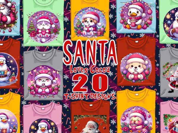 Kawaii animal santa claus drinking cocoa t-shirt design bundle of 20 png & jpeg designs – download instantly retro vintage t-shirt design