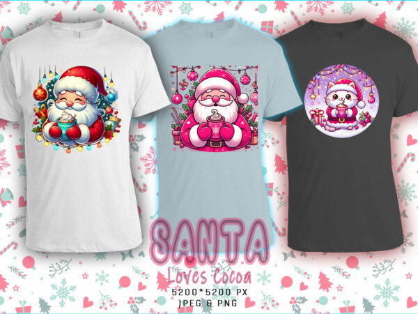 Santa claus drinking cocoa t-shirt design bundle of 20 png & jpeg designs – download instantly retro vintage t-shirt design