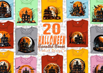 Colourful Halloween Haunted House Party t-shirt design bundle of 20 designs