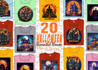 Colourful Halloween Haunted House Party t-shirt design bundle of 20 designs