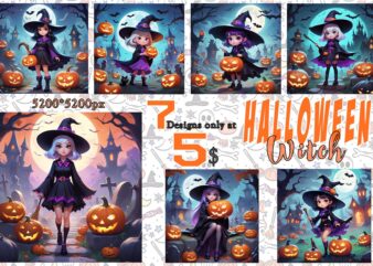 7 Halloween Spooky Cartoon Witch Ghost t-shirt design bundle – download instantly