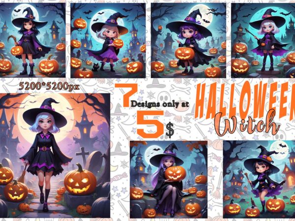 7 halloween spooky cartoon witch ghost t-shirt design bundle – download instantly