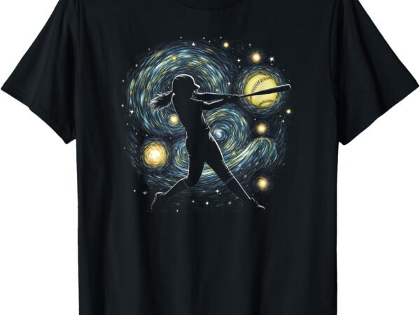 Abstract fastpitch softball hitting softball into the stars t-shirt