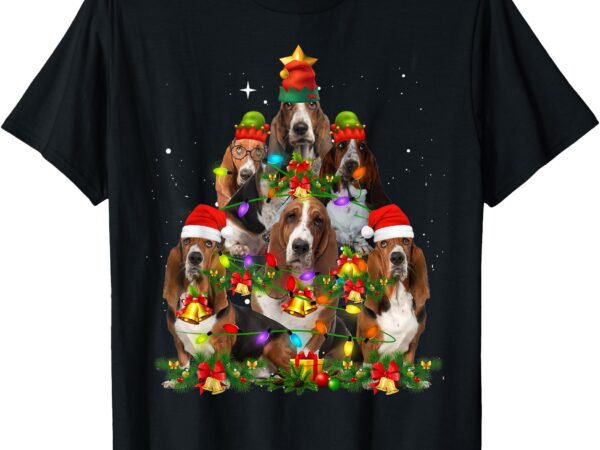 Basset hound christmas tree family santa hat holiday costume t-shirt