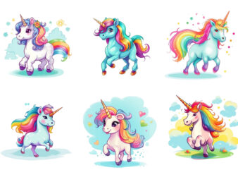 Beautiful cute unicorn runs on rainbow