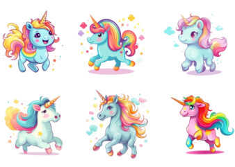 Beautiful cute unicorn runs on rainbow