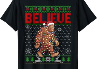 Believe Bigfoot Santa Ugly Christmas Tree Lights Sasquatch T-Shirt