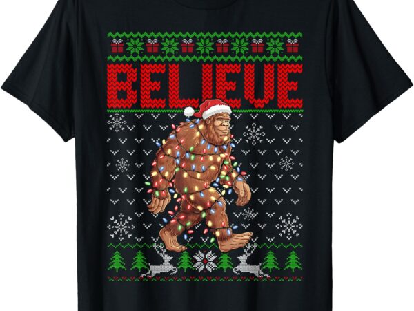 Believe bigfoot santa ugly christmas tree lights sasquatch t-shirt