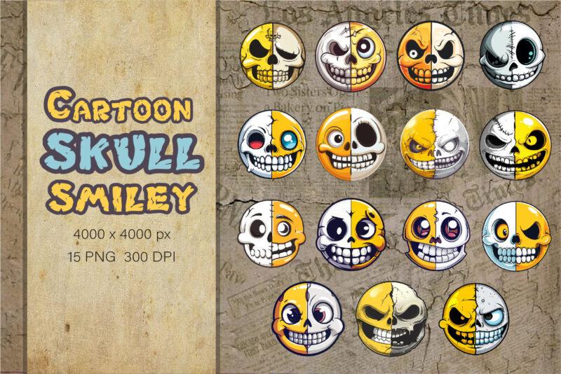 Cartoon skull smiley. TShirt Sticker.