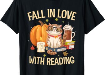 Cat Fall In Love With Reading Book Lover Autumn Teachers Kid T-Shirt