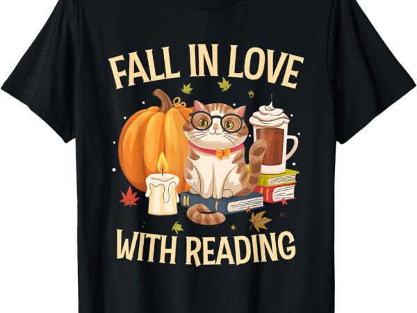 Cat fall in love with reading book lover autumn teachers kid t-shirt