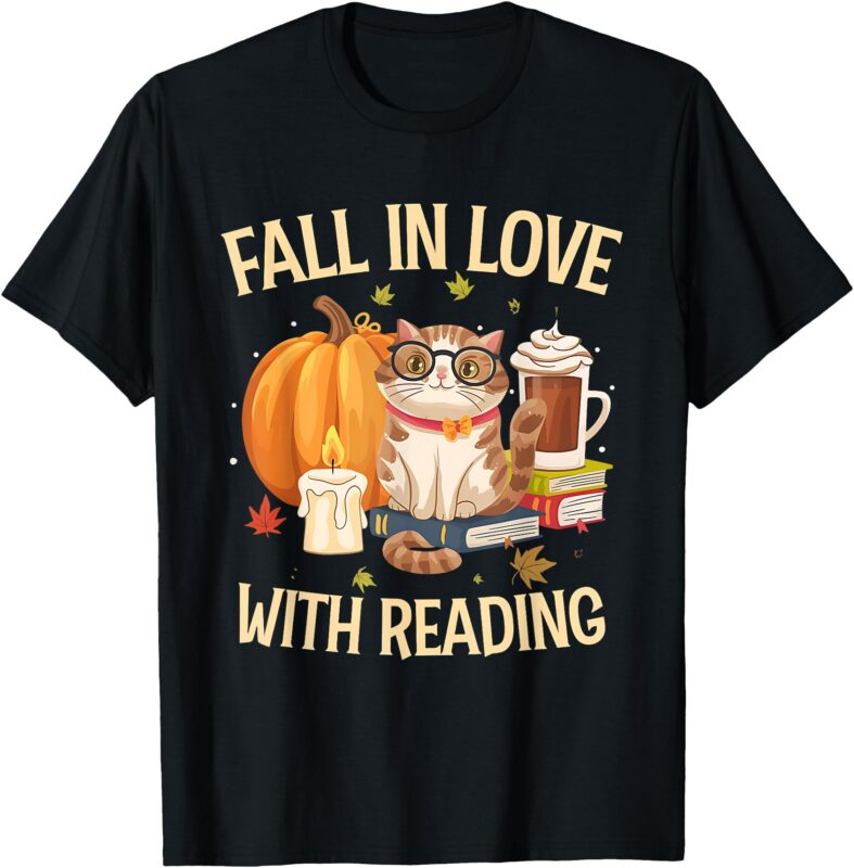 Cat Fall In Love With Reading Book Lover Autumn Teachers Kid T-Shirt