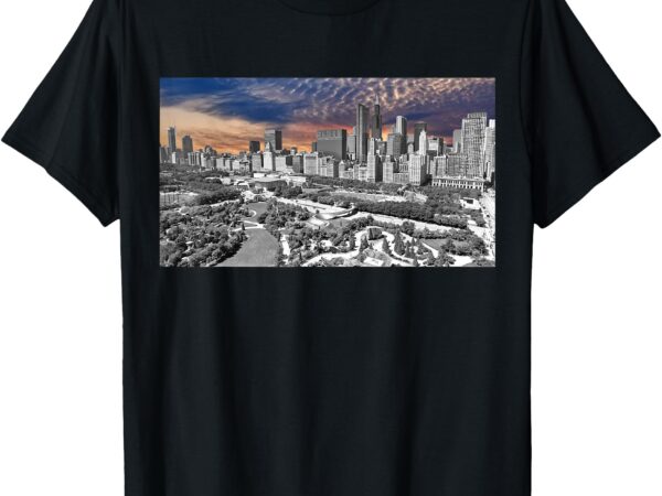 Chicago skyline b&w with vibrant and colorful sky t-shirt