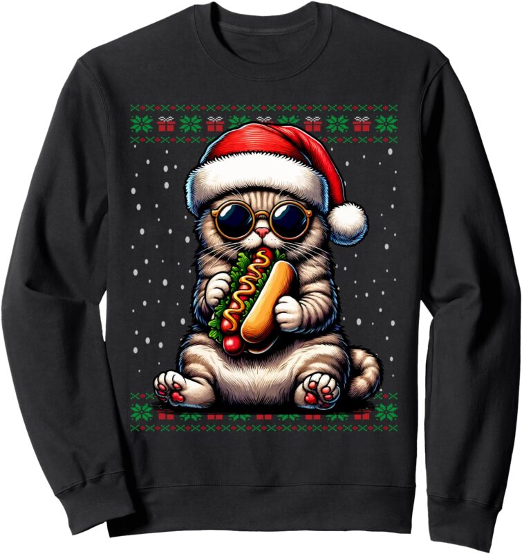 Christmas Cat Eating Hot Dogs Ugly Christmas Sweater Sweatshirt