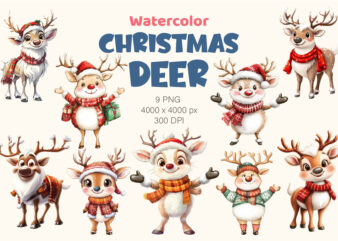 Christmas Deer. Watercolor PNG.