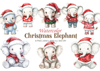 Christmas Elephant. Watercolor PNG.