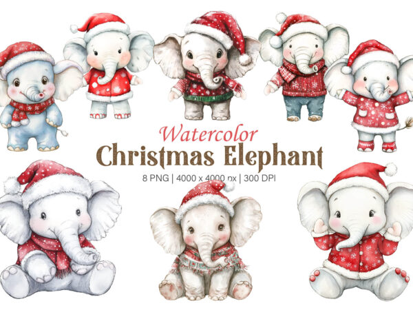 Christmas elephant. watercolor png. t shirt vector file