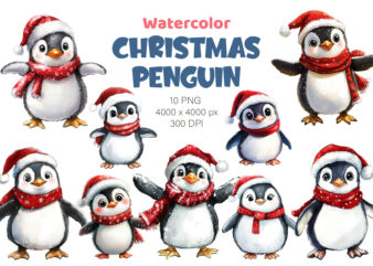 Christmas Penguin. Watercolor PNG.