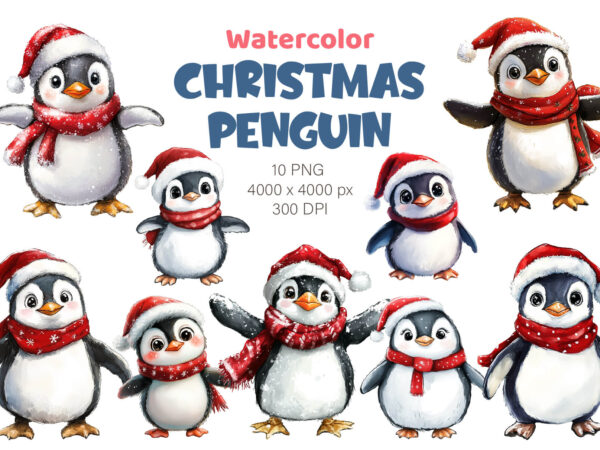 Christmas penguin. watercolor png. t shirt vector file