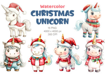 Christmas Unicorns. Watercolor PNG.