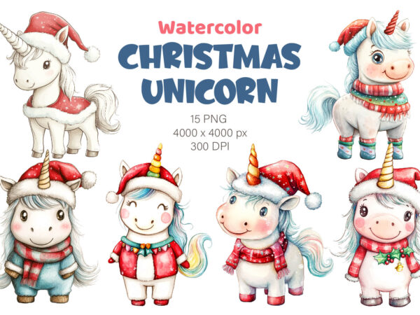 Christmas unicorns. watercolor png. t shirt vector file