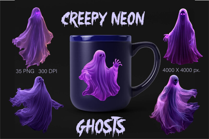 Creepy Neon ghosts. Halloween Mascot.