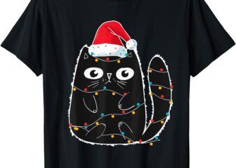 Cute Black Cat Santa Christmas Lights Meow Kitty Kitten Xmas T-Shirt