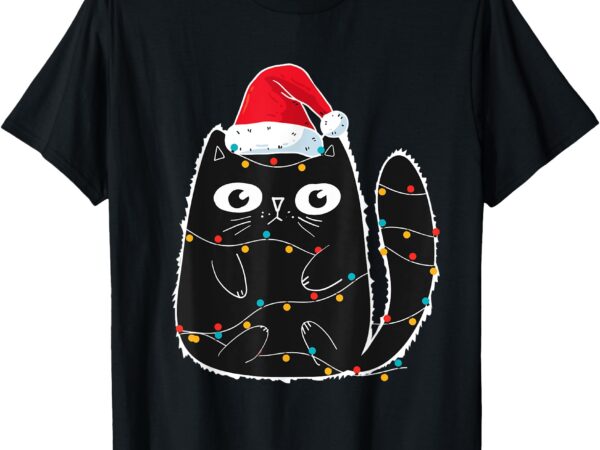 Cute black cat santa christmas lights meow kitty kitten xmas t-shirt