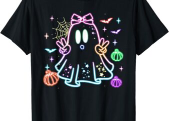 Cute Colorful Neon Boo Ghost Halloween Spooky Season Kids T-Shirt