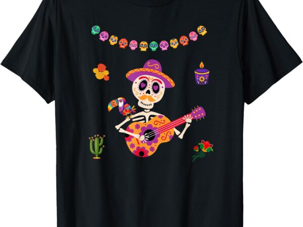 Cute dia de los muertos mexican kids sugar skeleton guitar t-shirt