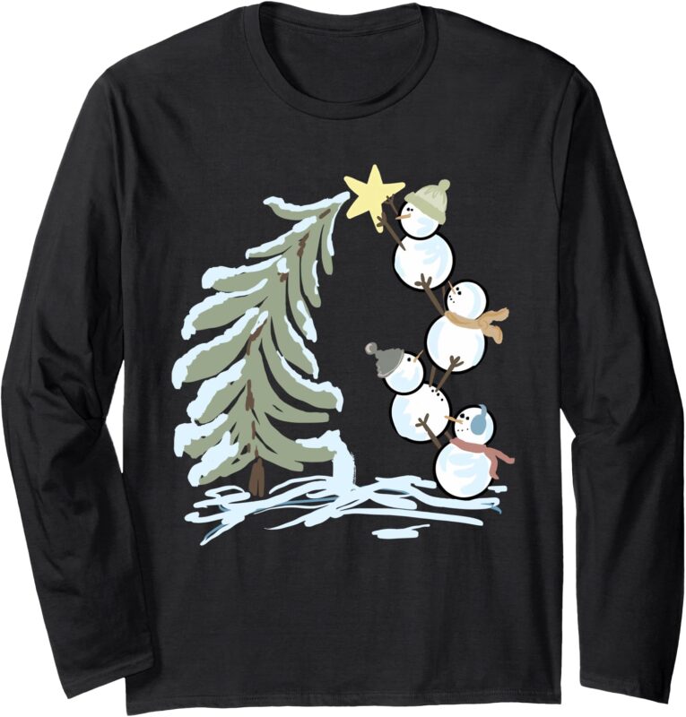 Cute Funny Snowmen Stacking Whimsical Christmas Tree Winter Long Sleeve T-Shirt