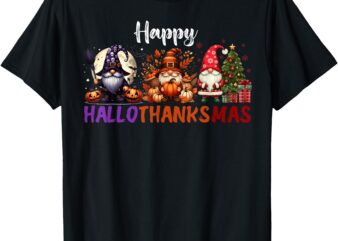 Cute Gnomes Happy Hallothanksmas Halloween Thanksgiving Xmas T-Shirt