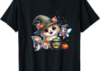 Cute Halloween Cat, Fairy and Ghost – Playful Witch Design T-Shirt