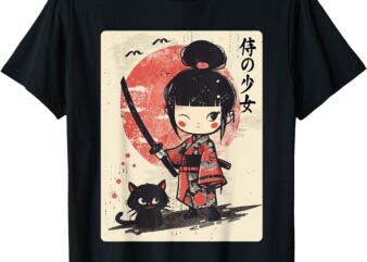 Cute Kawaii Samurai Girl with Katana & Cat Japanese Anime T-Shirt