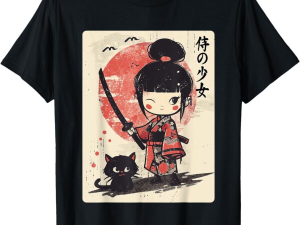 Cute kawaii samurai girl with katana & cat japanese anime t-shirt