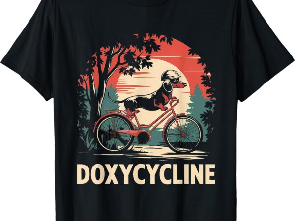 Dachshund on bicycle doxycycline pharmacy pun dog pharmacist t-shirt