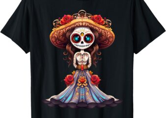 Dia De Los Muertos La Catrina Cute Skeleton Mexican Girls T-Shirt