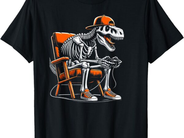 Dinosaur skeleton gamer playing video game boys men kids t-shirt