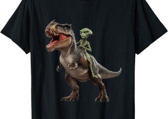 FUNNY GREEN SPACE ALIEN RIDING T-REX DINOSAUR FLYING SAUCER T-Shirt