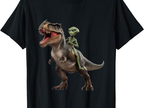 Funny green space alien riding t-rex dinosaur flying saucer t-shirt